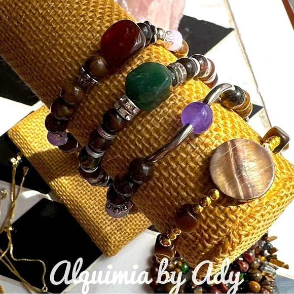 Tiger's eye beaded bracelet/purple jade/mother of pearl/aventurine/rainbow jade - Picture 2 of 5